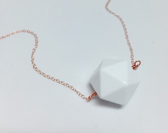 Blank White D20 Rose Gold Necklace • 18-20" • Dungeons and Dragons RPG Necklace • 20 Sided Dice • Dice Necklace • Rose Gold D20