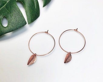 Rose Gold Leaf Hoop Earrings • Nature Jewelry • Elven Fashion • Rose Gold Wedding • Copper Leaf • Bridesmaid Earrings