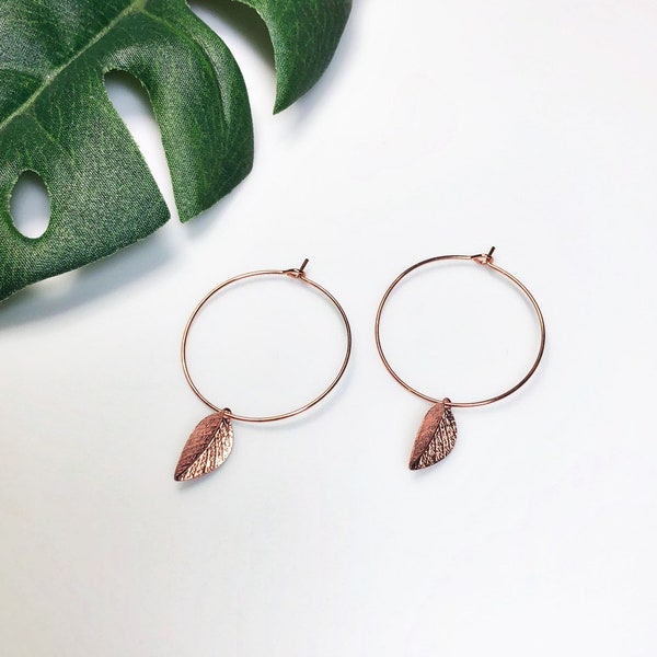 Rose Gold Leaf Hoop Earrings • Nature Jewelry • Elven Fashion • Rose Gold Wedding • Copper Leaf • Bridesmaid Earrings