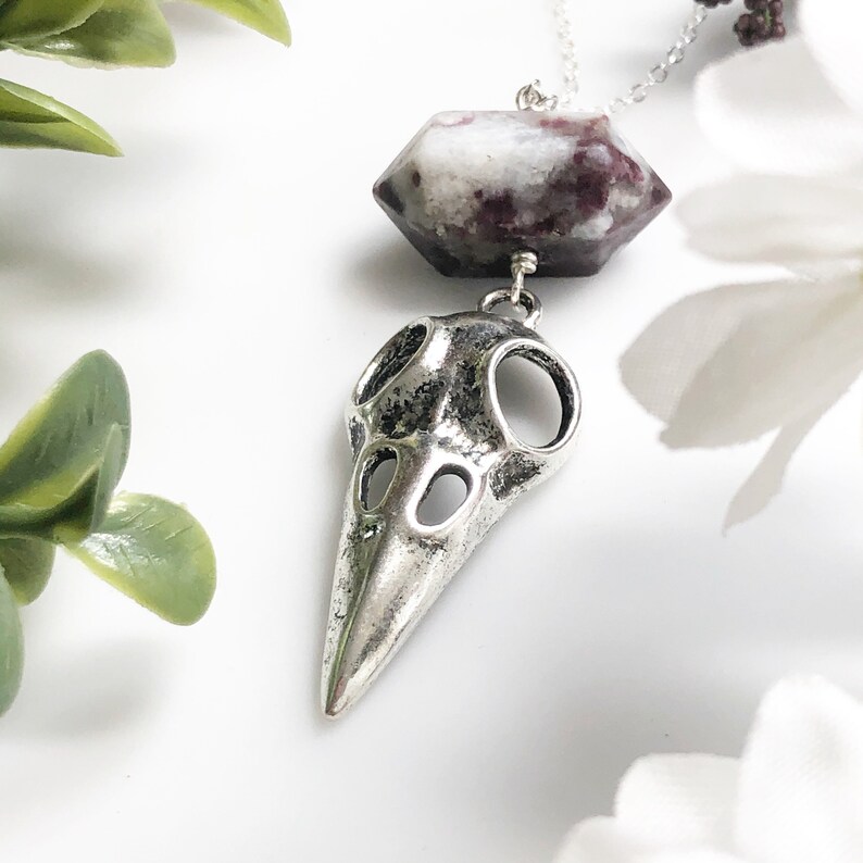 Long Silver Tourmaline and Bird Skull Necklace \u2022 Sterling Silver Chain 30\u201d \u2022 Macabre Jewelry \u2022 Metal Bird Skull Jewelry