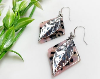 Pink and Black Tortoise Shell Leaf Earrings • Sterling Silver Earrings • Geometric Nature Jewelry • Silver Dangle Earrings