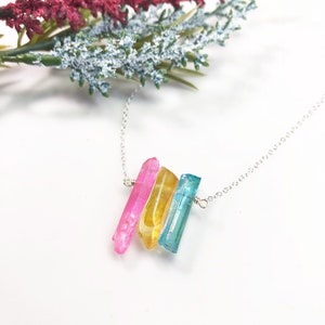 Pan Pride Flag Crystal Necklace • Pink Yellow Blue Quartz • Solid Sterling Silver Chain • LGBTQ Jewelry • Queer Babe • Pansexual