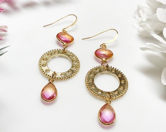 Pink Orange Ombré Stone Dangle Earrings • Gold Clockwork Cog Earrings • Steampunk Formal Earrings • Queer Owned Business