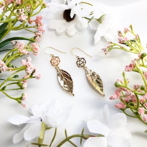 Yellow Gold D20 Leaf Earrings • Dungeons and Dragons Earrings • D20 Nerd Earrings • Geek Gifts Gold Floral Dangle Earrings