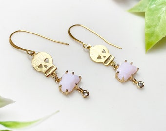 Pink Opal and CZ Skull Dangle Earrings in Yellow Gold • Halloween Wedding • Fall Bridal Jewlery • Weird Bride Ideas