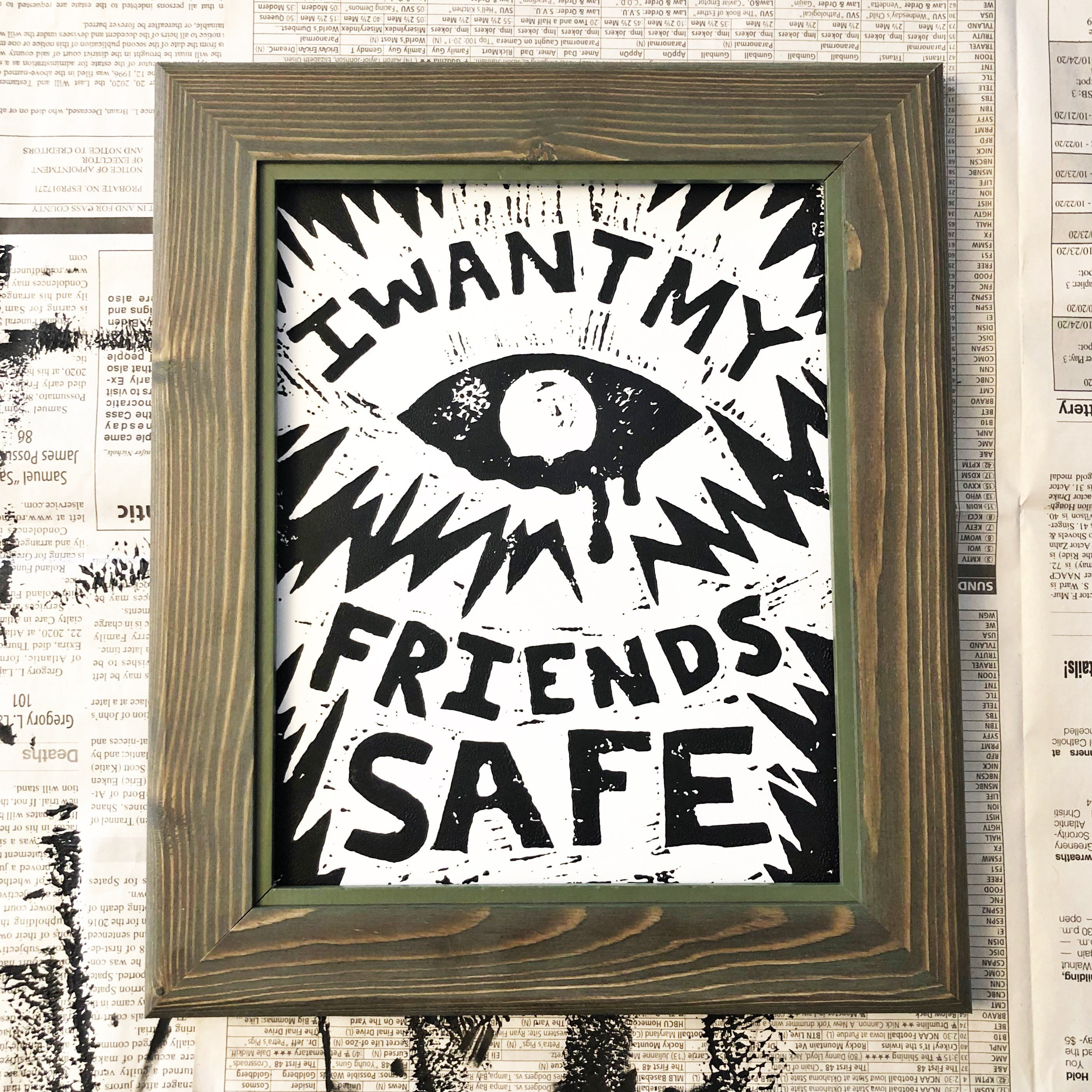 Impressão em linogravura I Want My Friends Safe • 8x10 preto sobre branco • Impressão artística Queer • Série Queer Divinity