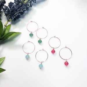 Small Rose Gold Hoop Earrings • Bridal Rose Gold Earrings • Sage Green Ruby Red and Foggy Sky Blue Stones • Rose Gold Bridesmaids Earrings