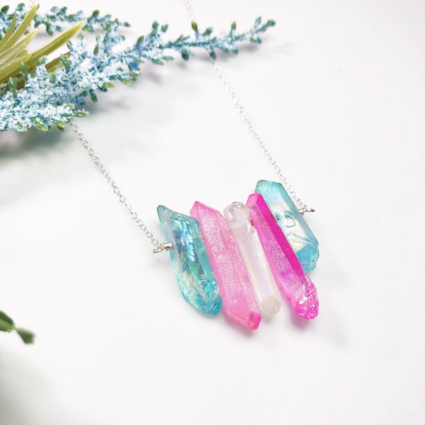 Trans Pride Flag Crystal Necklace • Quartz Crystal • Solid Sterling Silver Chain • 18" or 30" Long