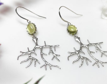 Root System Earrings • Silver and Spring Green Branch Earrings • Silver Nature Jewelry • Tree Root Earrings