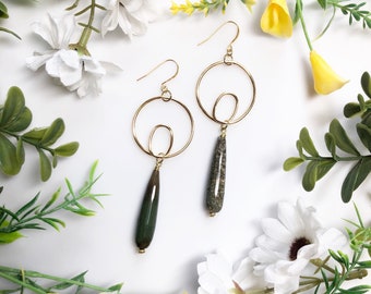 Long Gold Statement Earrings • Gold Chrysoprase Earrings • Gold Loop Earrings • Green Drop Earrings • Gold Dangle Earrings