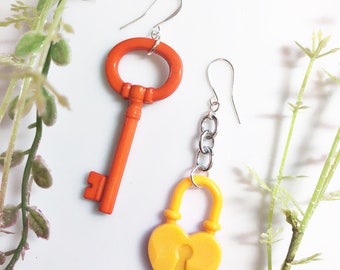 Lock and Key Statement Earrings in Orange and Mustard • Skeleton Key Earrings • Heart Lock Earrings • Queer Fashion