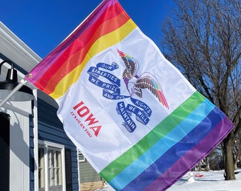 3x5’ Rainbow Iowa Flag • Queer Pride Flag Iowa • Iowa State Flag • Trans Pride Iowa • Our Liberties We Prize and Our Rights We Will Maintain