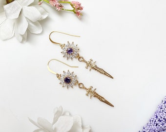 Fancy Bridal Dagger Earrings - Gold Cubic Zirconia and Amethyst - Bridal Party Jewelry - Alternative Bridal Maid of Honor