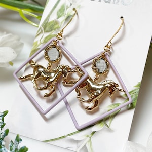 Gold Unicorn Earrings • 3D Unicorn Earrings • Lavender Purple and Charcoal Unicorn Earrings • Cute Dangle Earrings • Unique Unicorn Gift