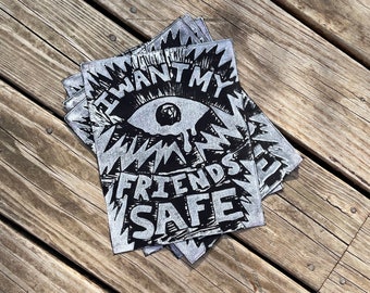 PREORDER! I Want My Friends Safe Linocut Back Parch • 8x10 Punk Back Patch • Queer Art Patch • Cotton Back Patch
