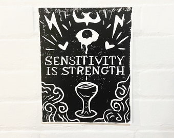 Sensitivity Is Strength Linocut Print • 8x10 Black On White • Ace of Cups Tarot Art • Block Print • Queer Divinity Series