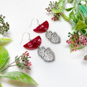 Silver Anatomical Heart Earrings • Pink Heart Earrings • Sterling Silver Ear Wire • Halloween Earrings • Valentine’s Day Anniversary Gift