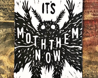 Moththem Print • Mothman Print • Black and White Block Print