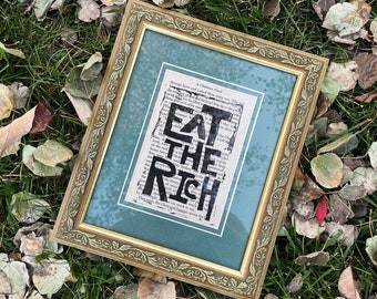 FRAMED Eat the Rich Print on Christmas Carol Book Pages • 8x10 Upcycled Gold Frame