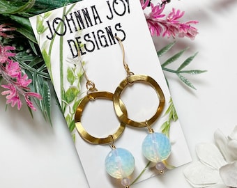 Gold Opalite and Amethyst Dangle Hoop Earrings • Steampunk Inspired Earrings • Alternative Formal Earrings