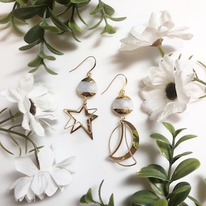 Gold Moonstone Moon & Star Earrings • Gold Celestial Jewelry • Night Sky Earrings • Moonstone Star Earrings • Moon Statement Earrings