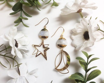 Gold Moonstone Moon & Star Earrings • Gold Celestial Jewelry • Night Sky Earrings • Moonstone Star Earrings • Moon Statement Earrings