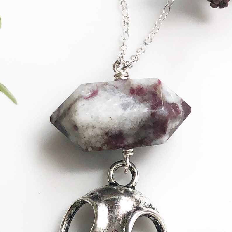Long Silver Tourmaline and Bird Skull Necklace \u2022 Sterling Silver Chain 30\u201d \u2022 Macabre Jewelry \u2022 Metal Bird Skull Jewelry