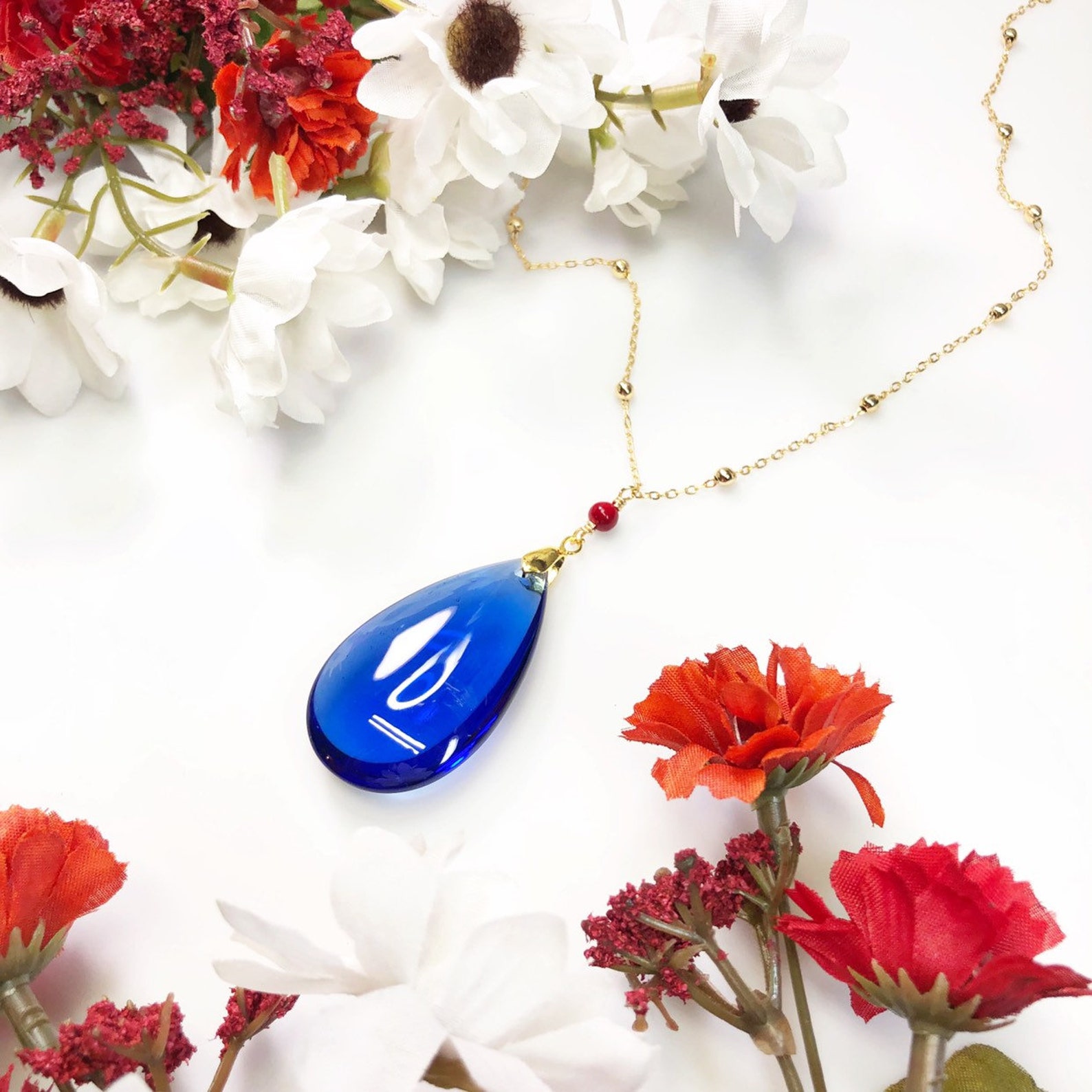 Blue Drop Necklace Gold Red Blue Necklace LARGE DROP Etsy