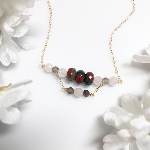 African Bloodstone and Rose Quartz Beaded Bib Necklace • 14k Gold Filled Chain 20” Long • Gold Gemstone Necklace Gift • Gold Layer Necklace