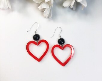 Silver Neon Red Heart Earrings • Black Glass Stone Accents • Sweetheart Earrings • Big Bright Red Heart Earrings • Sterling Silver Ear Wire