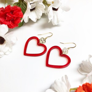 Red and Gold D20 Heart Earrings • Red Heart Statement Earrings • D20 Jewelry • Role Playing Game Jewelry • Dungeons and Dragons