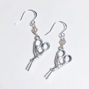 Stork Embroidery Scissor Earrings with Champagne Crystal Accent • Sterling Solid Silver Ear Hooks for Sensitive Ears