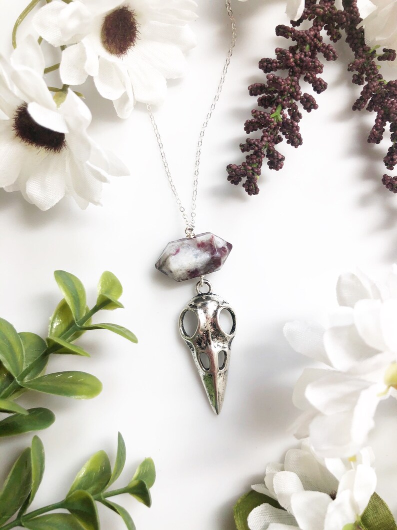 Long Silver Tourmaline and Bird Skull Necklace \u2022 Sterling Silver Chain 30\u201d \u2022 Macabre Jewelry \u2022 Metal Bird Skull Jewelry