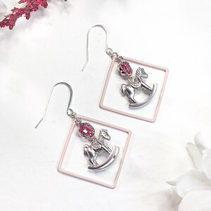 Silver Pink Rocking Horse Earrings • 3D Pink Rocking Horse Jewelry • Cute Dangle Earrings • Baby Shower Earrings • Christmas Earrings