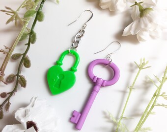 Lock and Key Statement Earrings in Green and Purple • Skeleton Key Earrings • Heart Lock Earrings • Queer Fashion