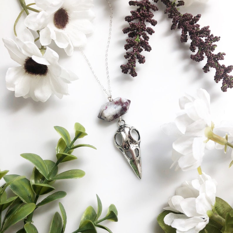 Long Silver Tourmaline and Bird Skull Necklace \u2022 Sterling Silver Chain 30\u201d \u2022 Macabre Jewelry \u2022 Metal Bird Skull Jewelry