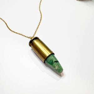 Green Chrysoprase Upcycled Bullet Necklace • Gold Brass Gemstone Bullet Necklace • Bullet Shell Necklace • 9mm Bullet Necklace