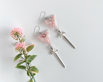 Pink Triangle Sword Earrings • Sterling Silver Queer Jewelry