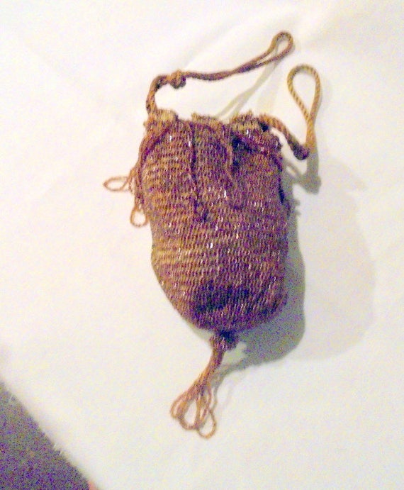 Beaded Gold Flapper Drawstring Evening Purse Free… - image 1