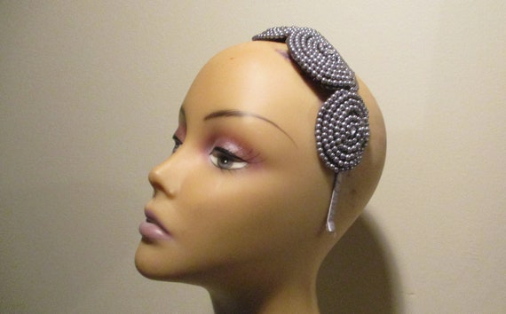 French Beaded Head Band Fascinator Gray Pearls Rh… - image 7