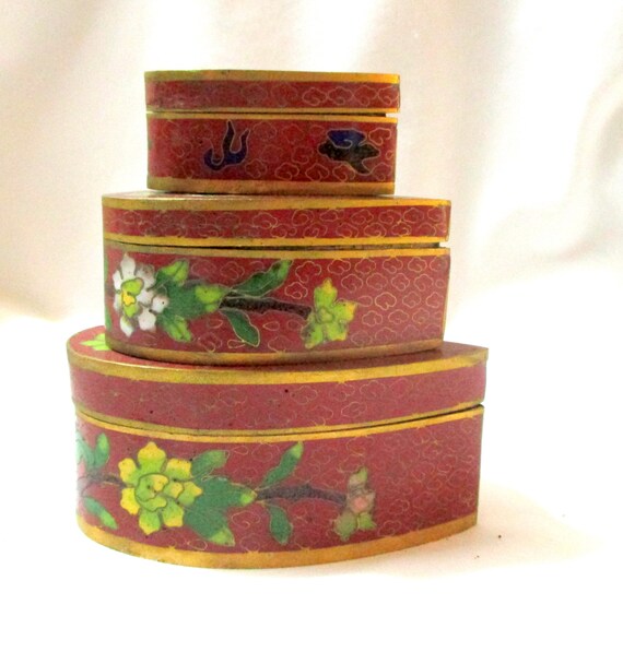 Cloisonne Enamel Heart Boxes Set of Three Nesting… - image 6