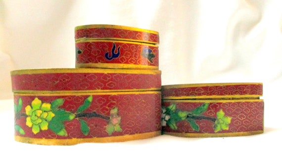 Cloisonne Enamel Heart Boxes Set of Three Nesting… - image 8