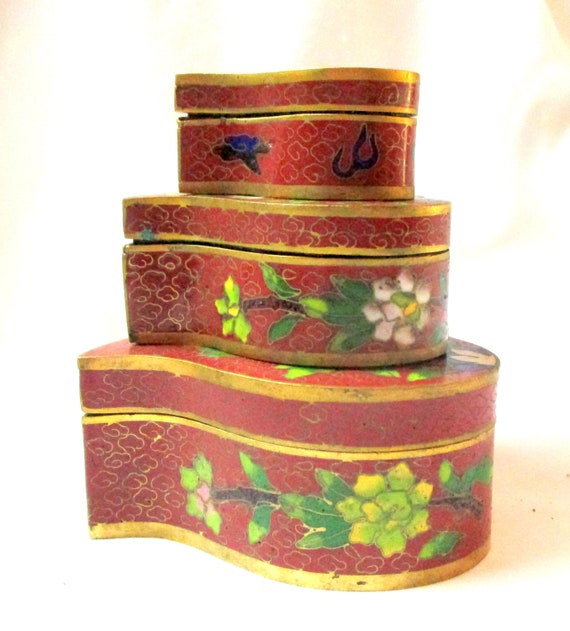 Cloisonne Enamel Heart Boxes Set of Three Nesting… - image 7