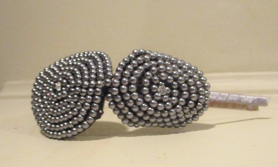 French Beaded Head Band Fascinator Gray Pearls Rh… - image 2