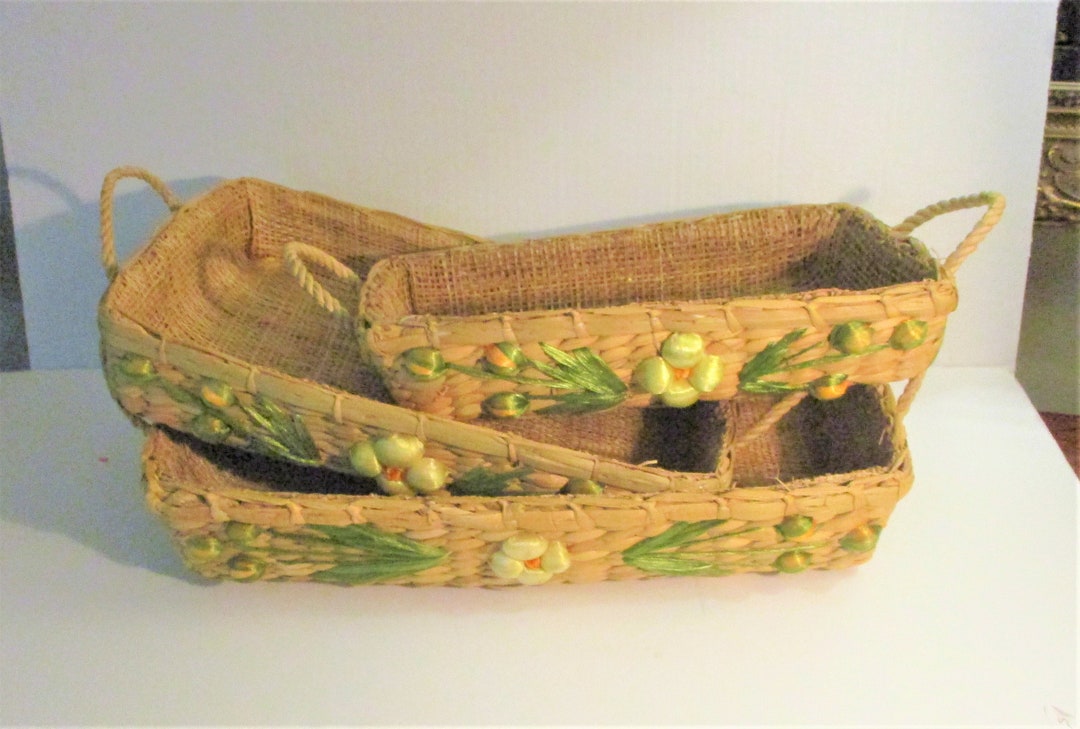 MCM Nesting Wicker Casserole Holders Raffia Decorated Set of Three