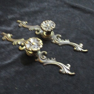 May include: Two ornate brass drawer pulls with a floral design. The pulls have a scroll-like shape and are finished in a polished brass.