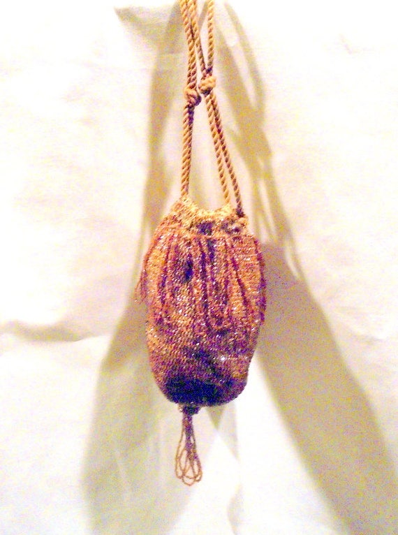 Beaded Gold Flapper Drawstring Evening Purse Free… - image 3