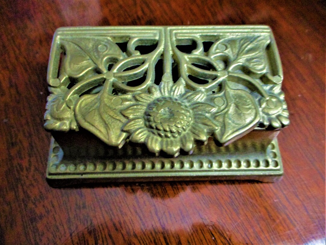 Antique Postage Stamp Box Cast Brass Postage Stamp Holder Sunflower