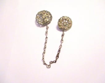 Vintage Sweater Clips Silver Tone Rhinestones Filigree