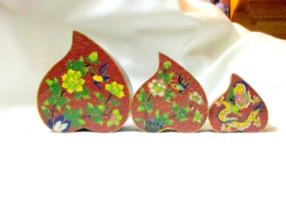 Cloisonne Enamel Heart Boxes Set of Three Nesting… - image 2